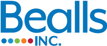 Bealls Inc. logo in blue text with five small colored circles underneath transitioning from green to red.
