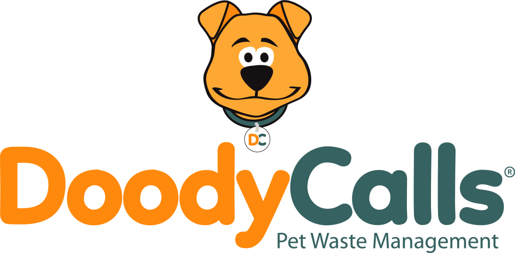 DoodyCalls logo featuring an illustrated orange dog head with a collar tag labeled ‘DC,’ above the words ‘DoodyCalls’ in orange and teal, with ‘Pet Waste Management’ below.