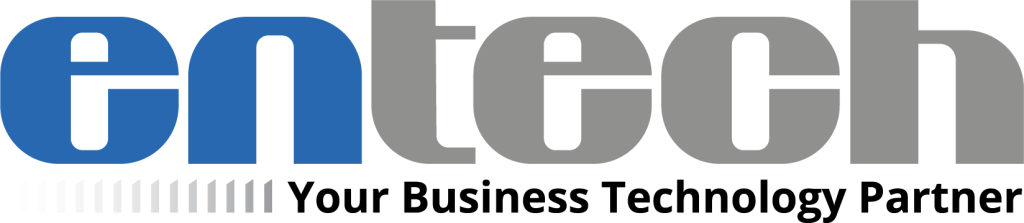Entech logo with stylized lowercase letters in blue and gray, accompanied by the tagline ‘Your Business Technology Partner.