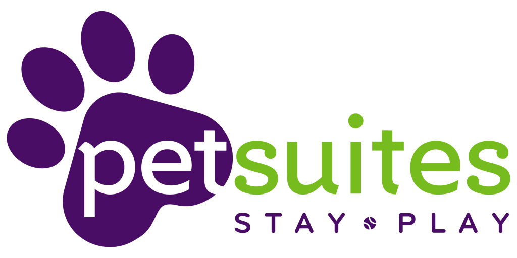 PetSuites logo with a large purple paw print next to the word ‘petsuites’ in purple and green text, with the tagline ‘Stay Play’ below.