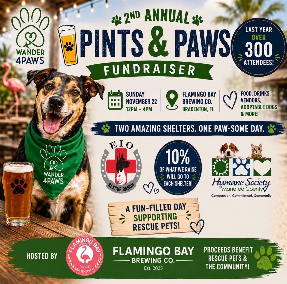pints and paws fundraiser Nov 22 from 12-4 at Flamingo Bay Brewing Co