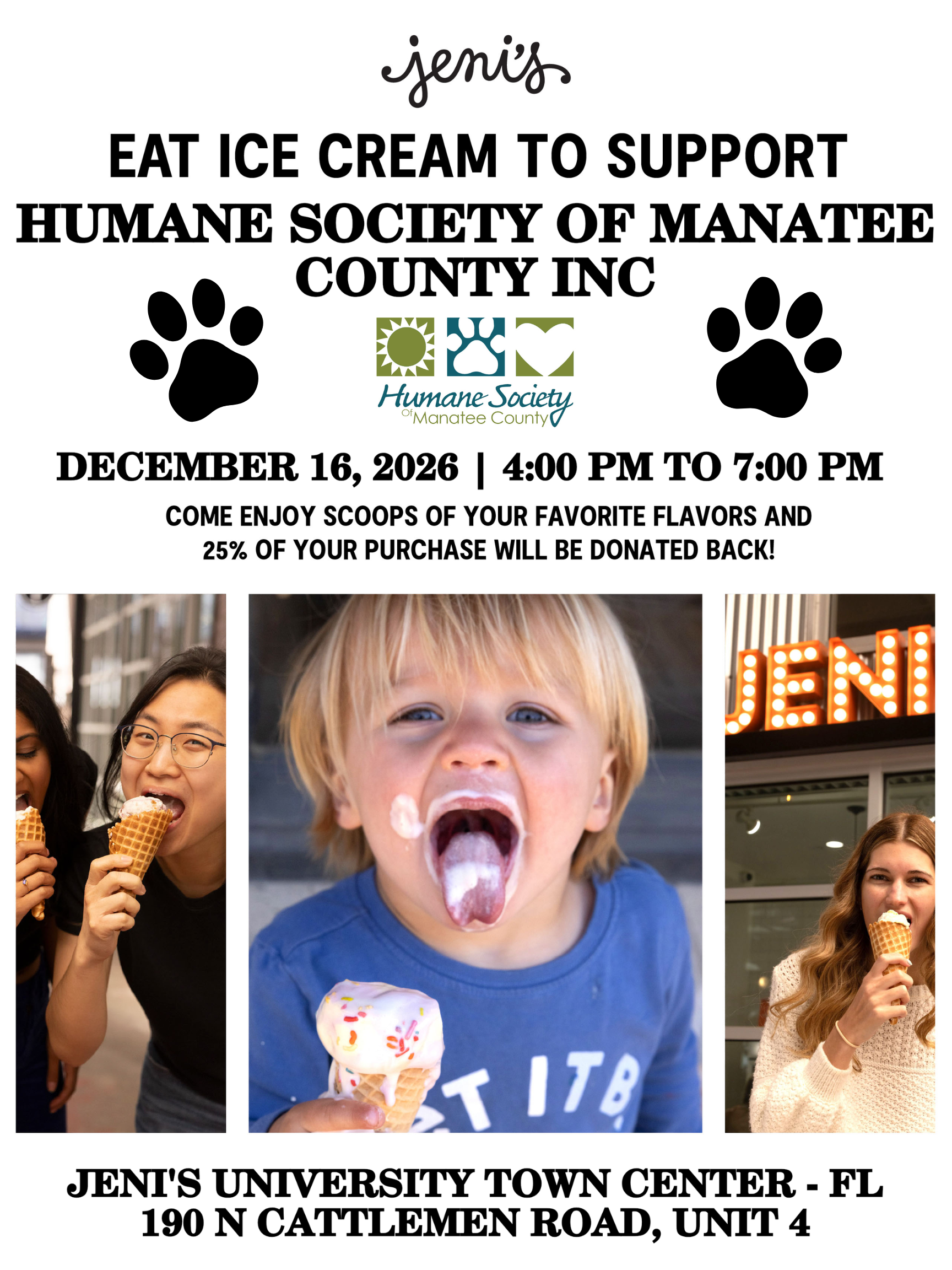 Jeni's ice cream fundraiser 12-16-26 4 pm to 7 pm 190 N Cattlemen Rd Unit 4 in sarasota